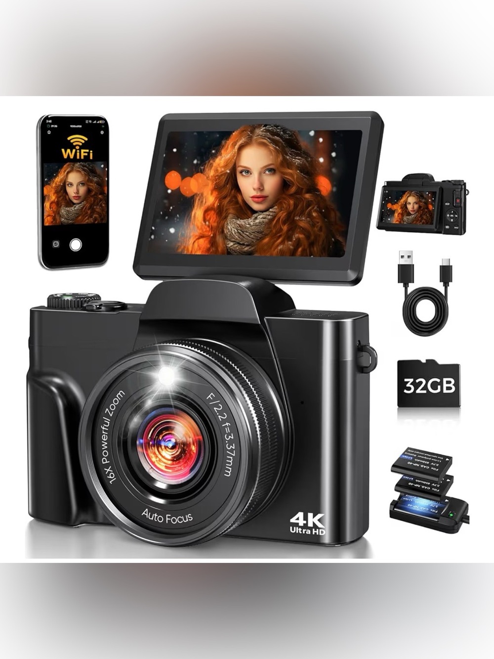 4K Ultra HD Digital Camera with Flip Screen - Black New